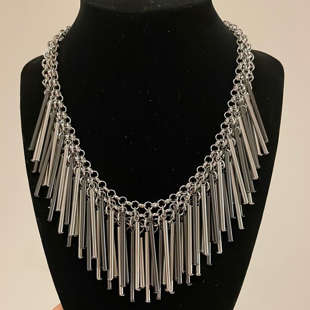 Stainless steel statement necklace.Great quality in shades of grey & silver